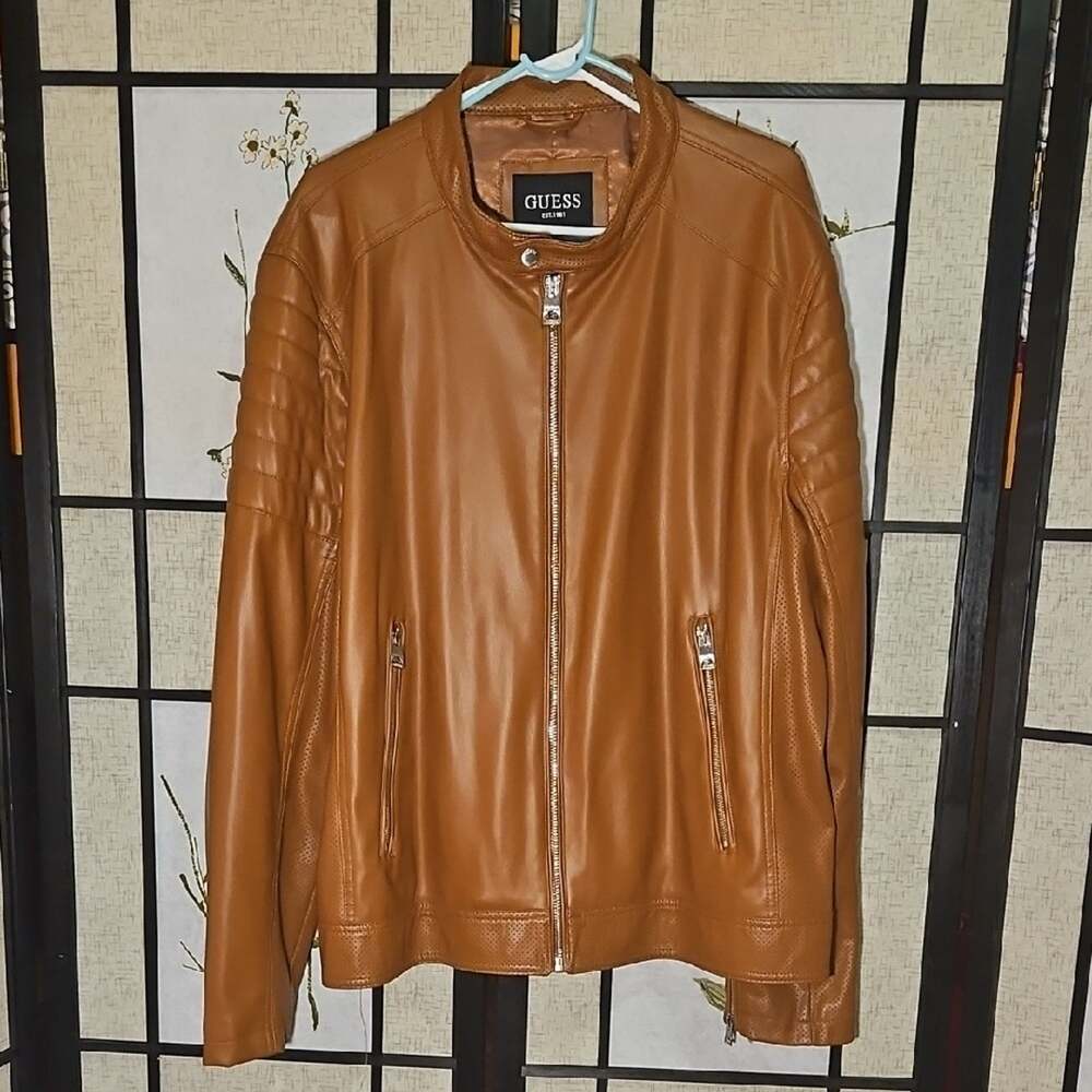 GUESS Men's Tan Faux-Leather Jacket